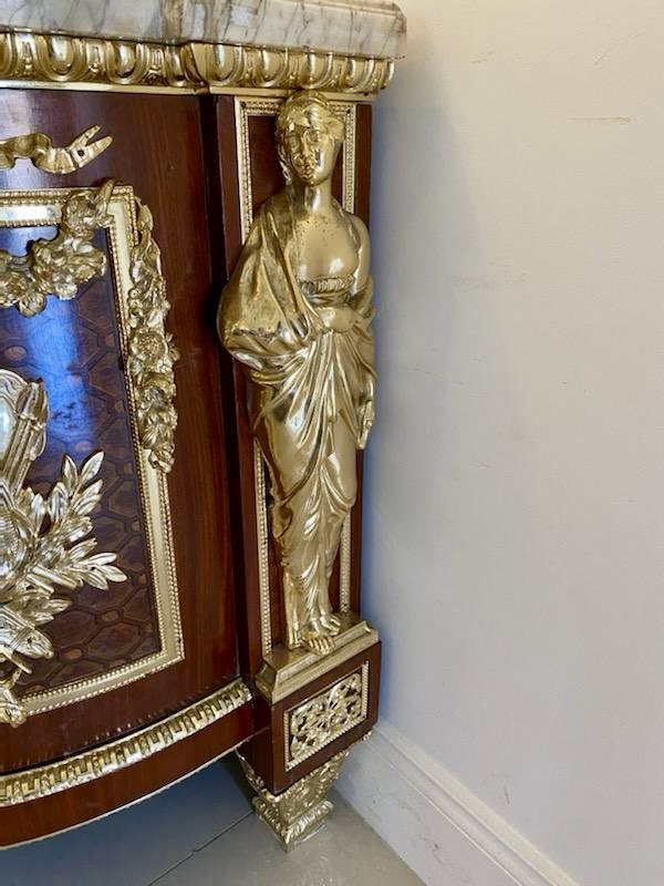 Antique Rare Fine Pair of French Early 20th Century Mahogany, Fruitwood Marquetry and Gilt Bronze Mounted Commodes In the Louis XVI Style, after the Original By Jean-Henri Riesener - Image 9